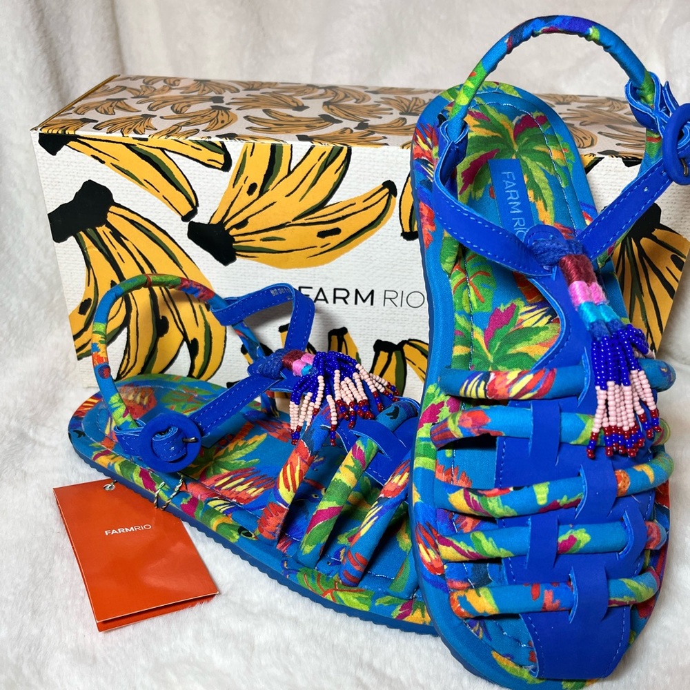 Farm Rio Blue Macaw Tube Strap Sandals BRAND NEW!